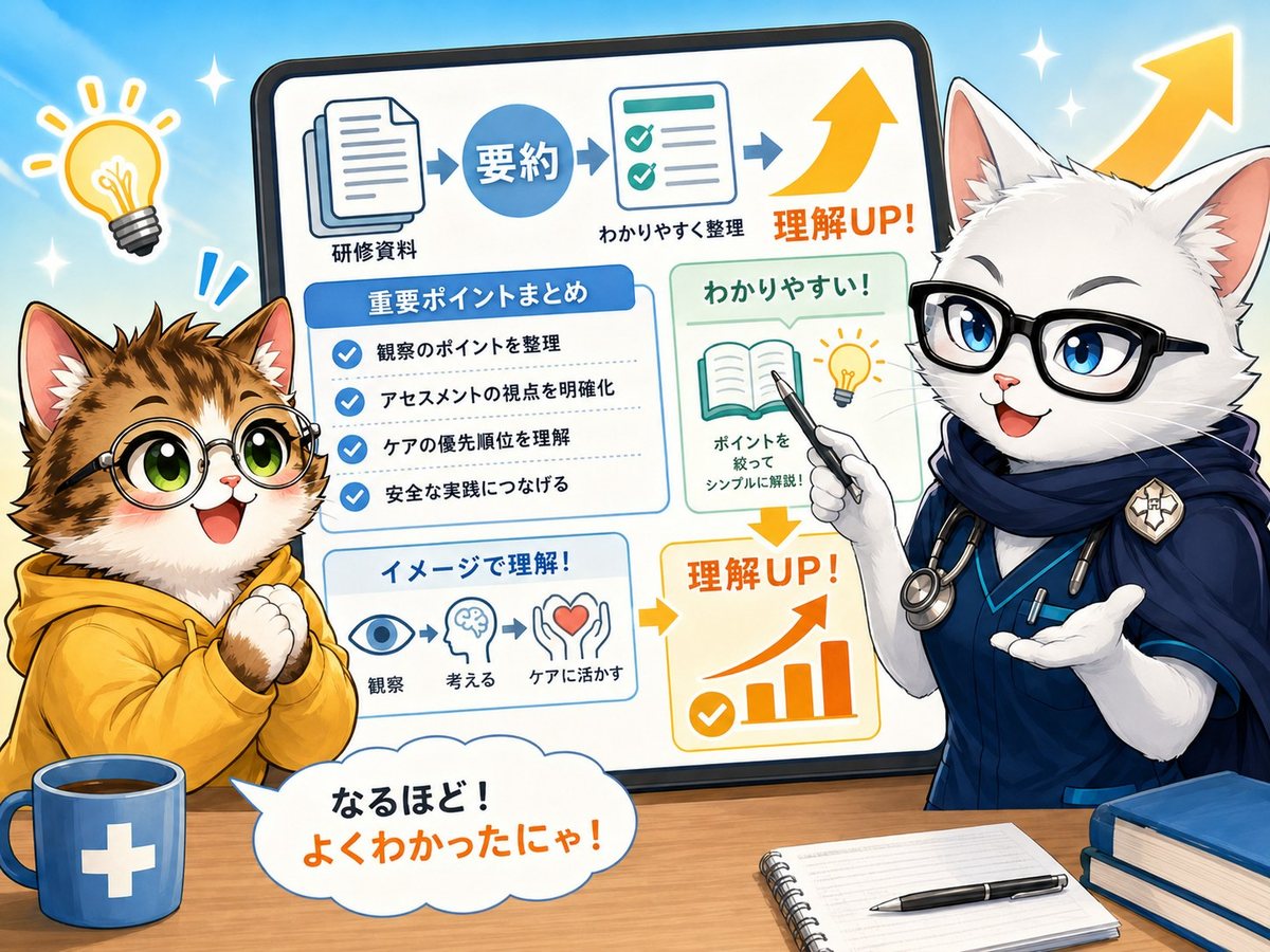 研修資料を要約して理解を深めるイメージ