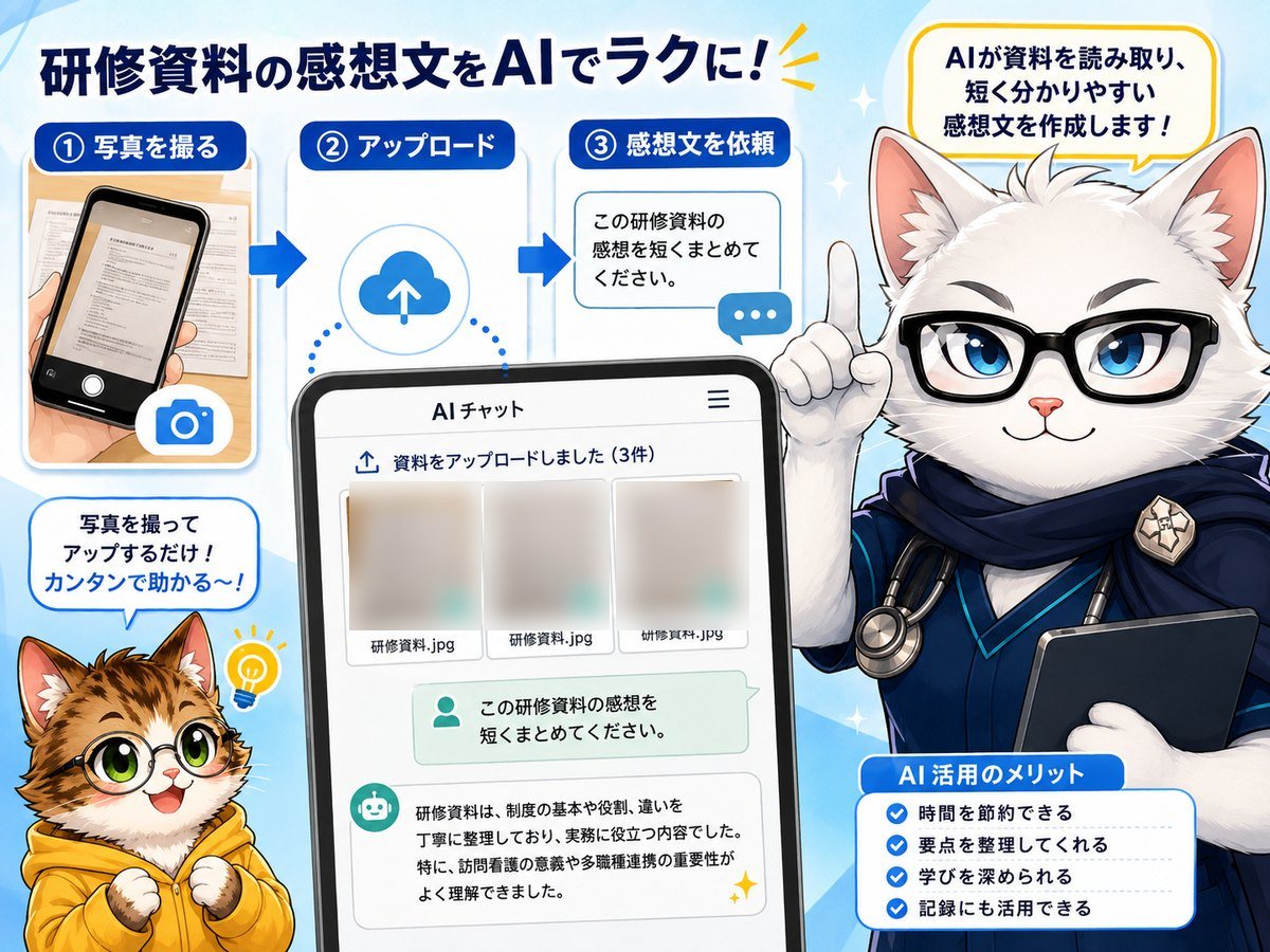 研修資料をChatGPTにアップロードして要点と感想文を整理するイメージ