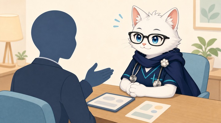エージェントの説明を聞いて安心している猫ナース
