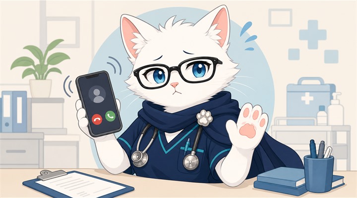 電話を毅然と断っている猫ナースのイラスト