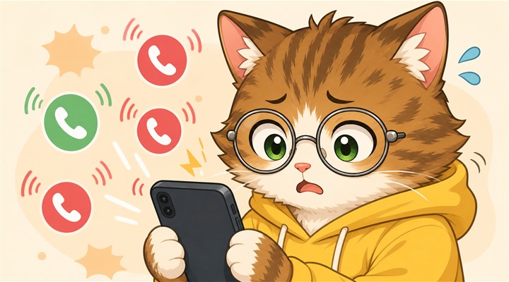 何度も着信が来て困り顔になっている読者のイラスト