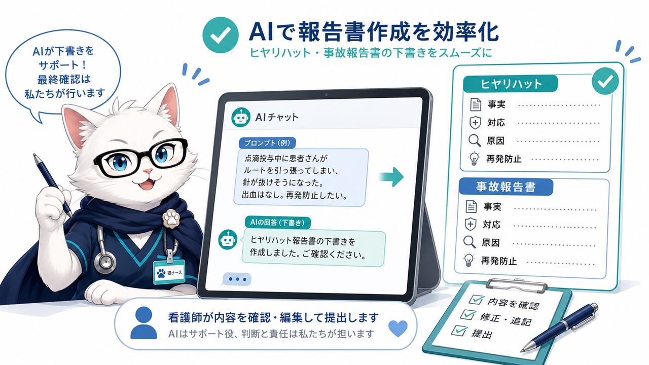 ChatGPTでヒヤリハット・事故報告書の下書きを作るイメージ。AIが下書きを作り、看護師が内容を確認・編集して提出する流れ