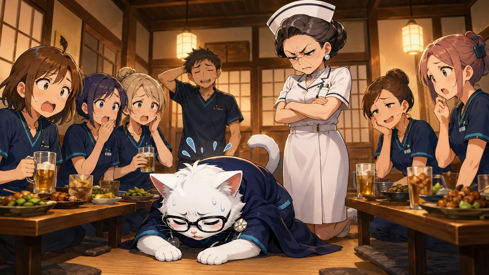 みんなの前で土下座を強要される猫ナースのイラスト