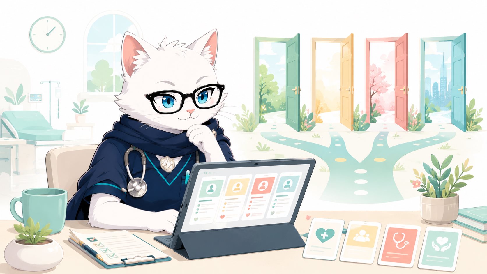 転職サイトを見て選択肢を広げる看護師のイラスト
