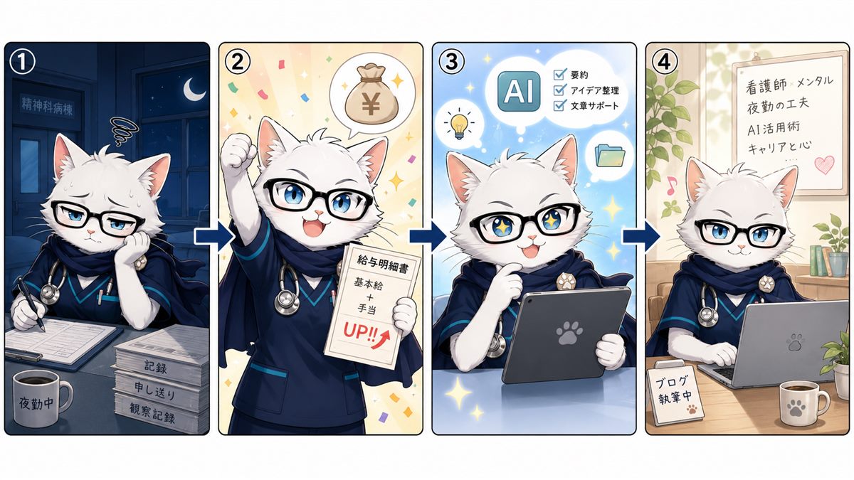 猫ナースの成長タイムライン｜精神科から夜勤でUP、AI活用、ブログへ