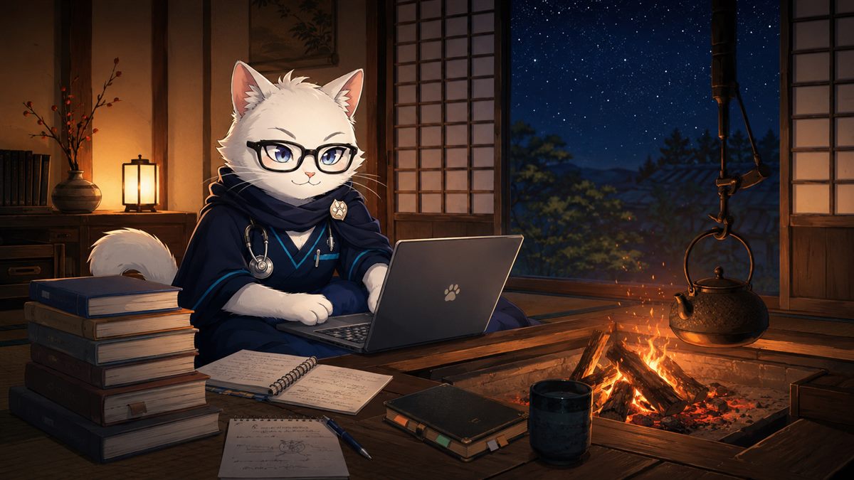 猫ナースが炉の前で静かに執筆しているイラスト｜数年後に残るものを作ってる